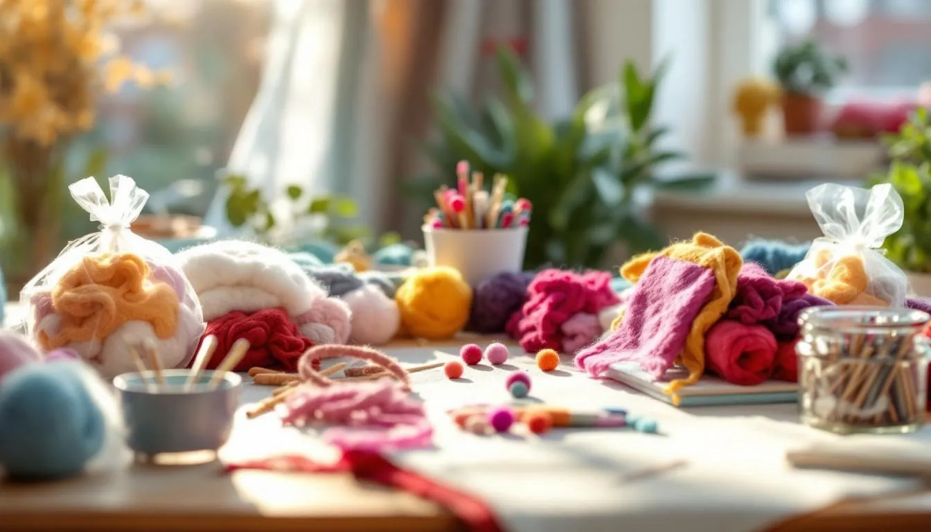 羊毛フェルトの道具が並ぶ作業台