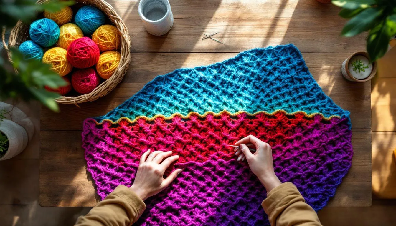 木製テーブルで編み物をする手元