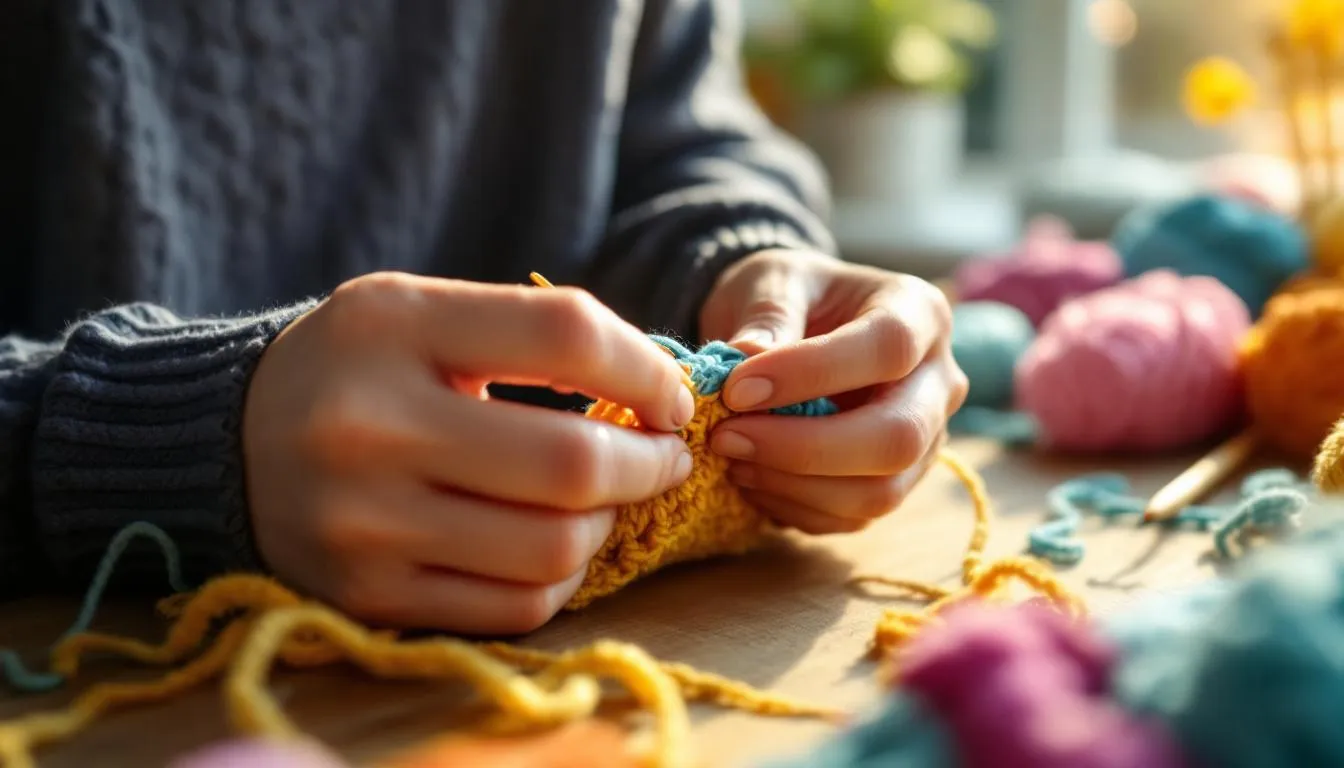 手編みでカラフルな糸を編む手元