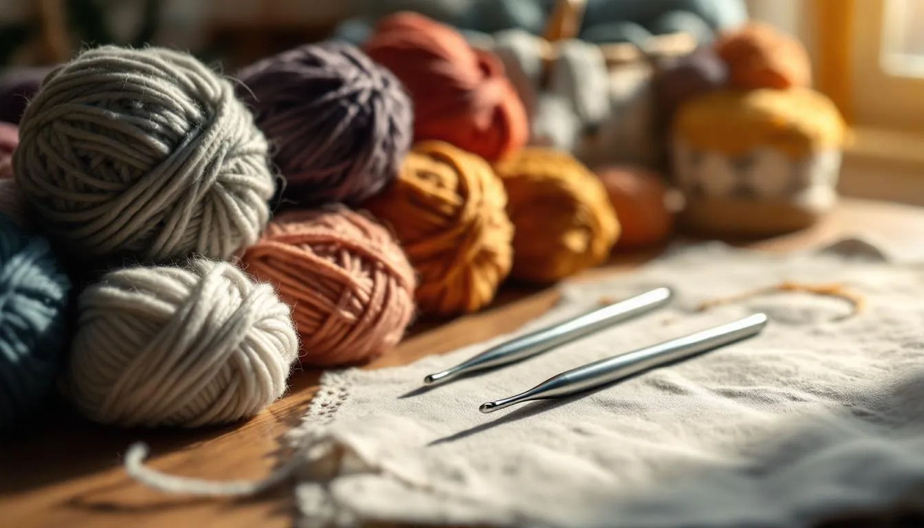 木製テーブルの上の毛糸と編み針