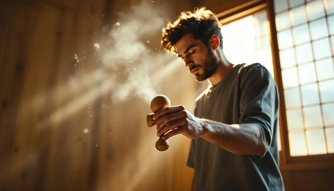 障子越しに光が差す部屋でけん玉を持つ人