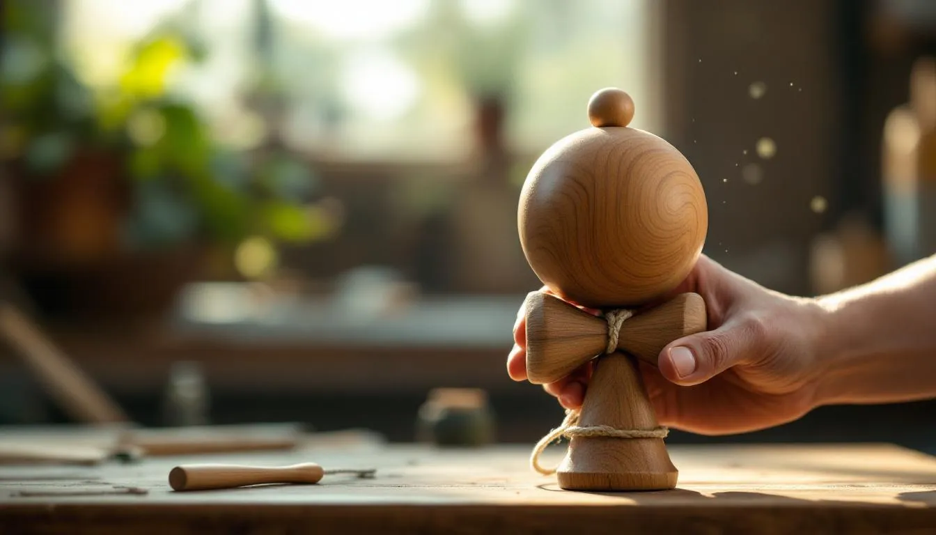 手で持つ伝統的な木製のけん玉