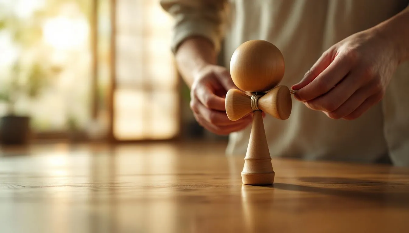 日本の伝統玩具けん玉を持つ手元