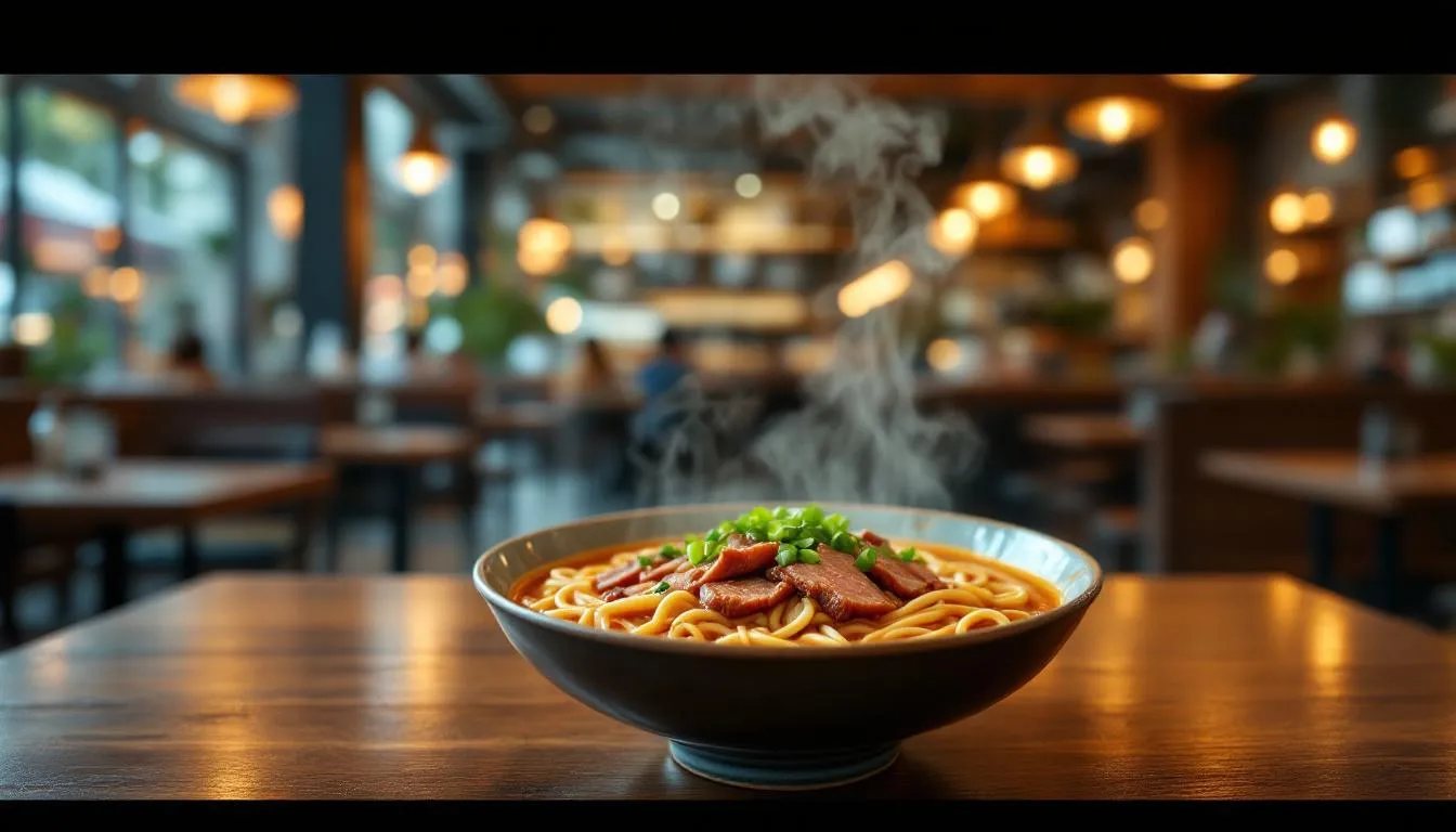 モダンな店内で食べる牛肉カレーうどん