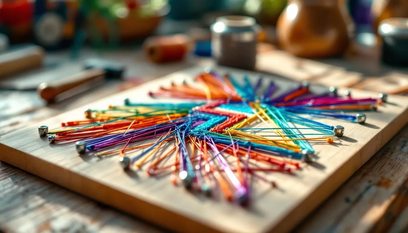 木製テーブルで作る幾何学模様のストリングアート