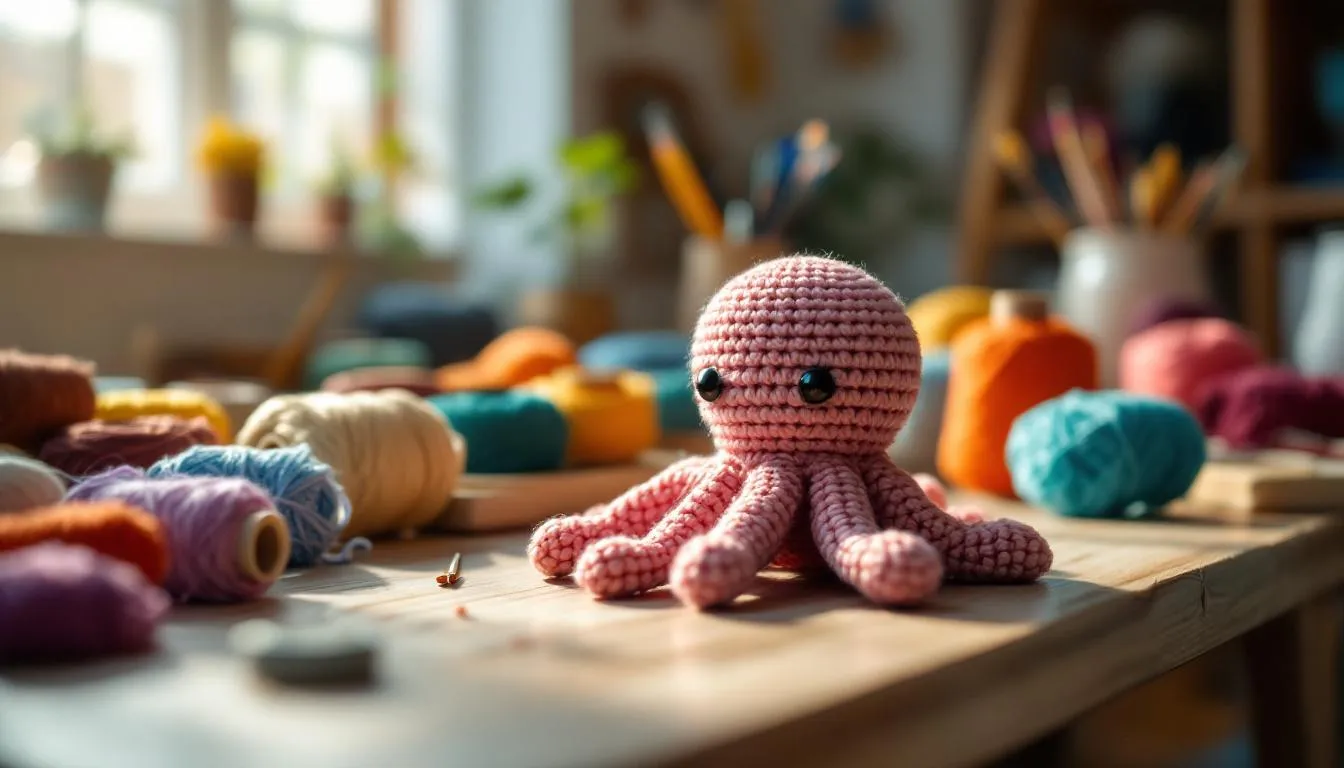 毛糸と編みぐるみが並ぶ手芸デスク