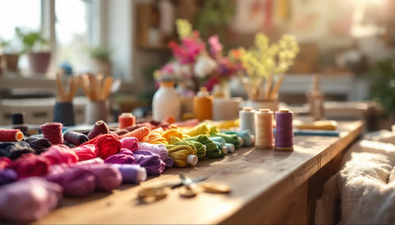 色とりどりの刺繍糸が並ぶ手芸工房