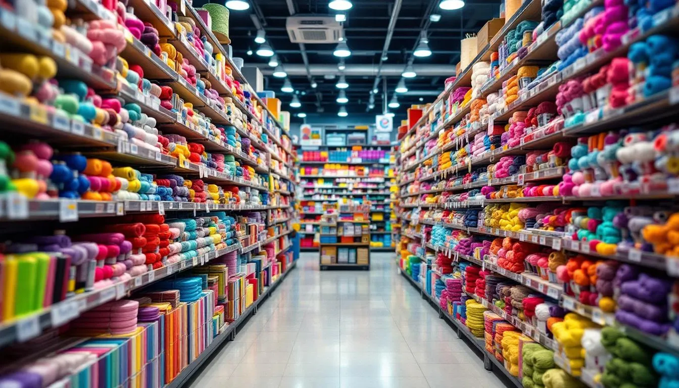 色とりどりの糸が並ぶ文房具店の手芸用品棚