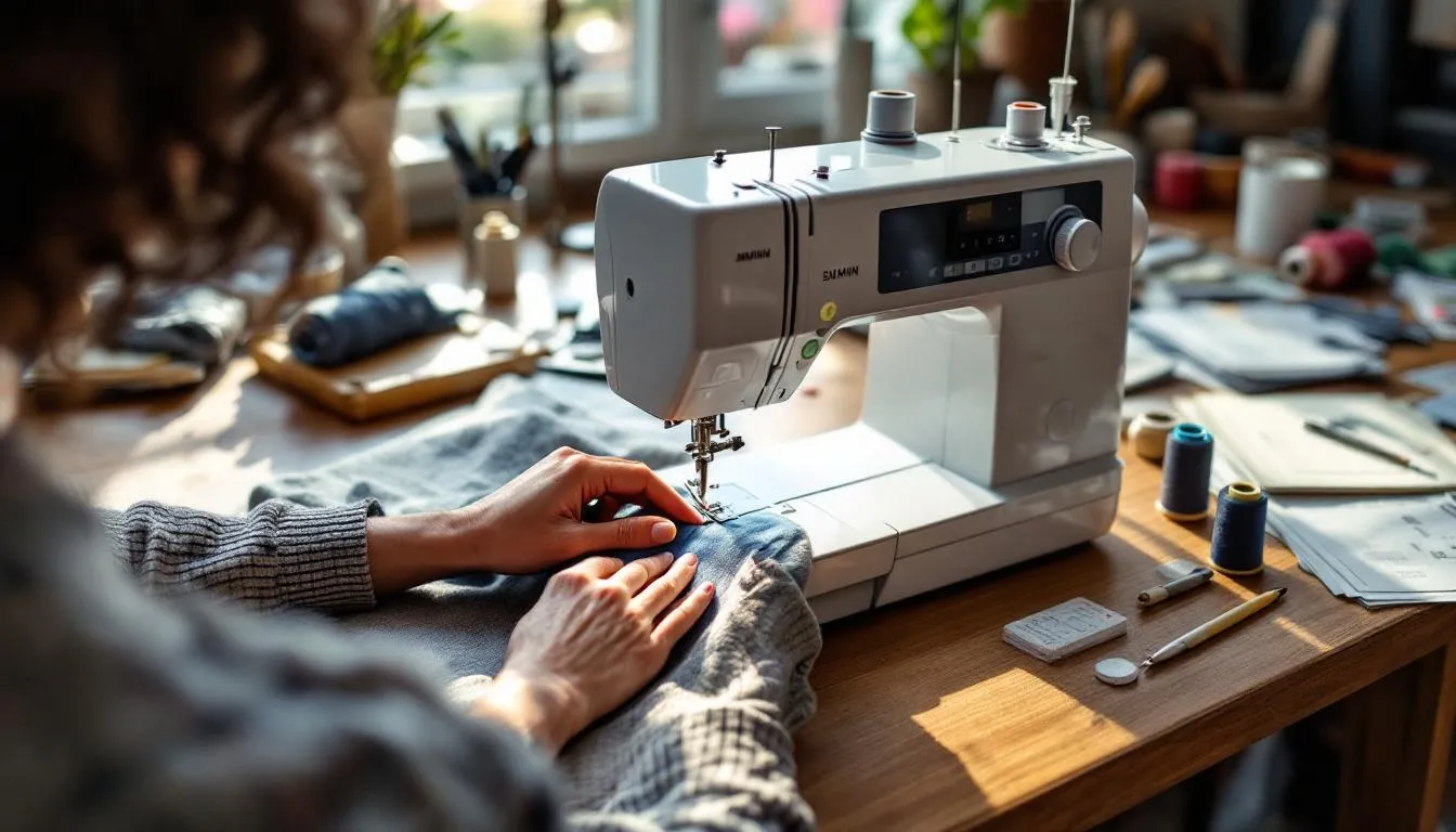 ミシン作業中の手元と作業スペース