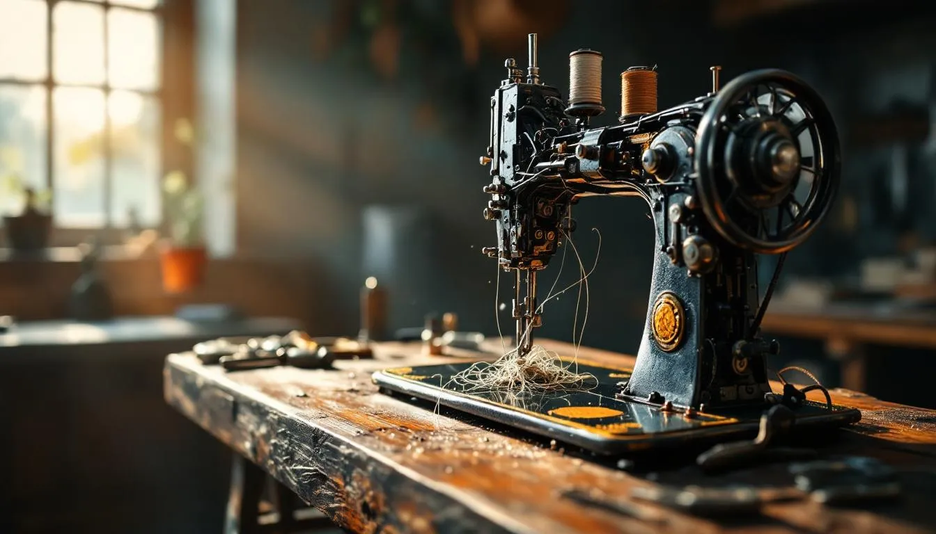 Máquina de coser antigua en mesa rústica