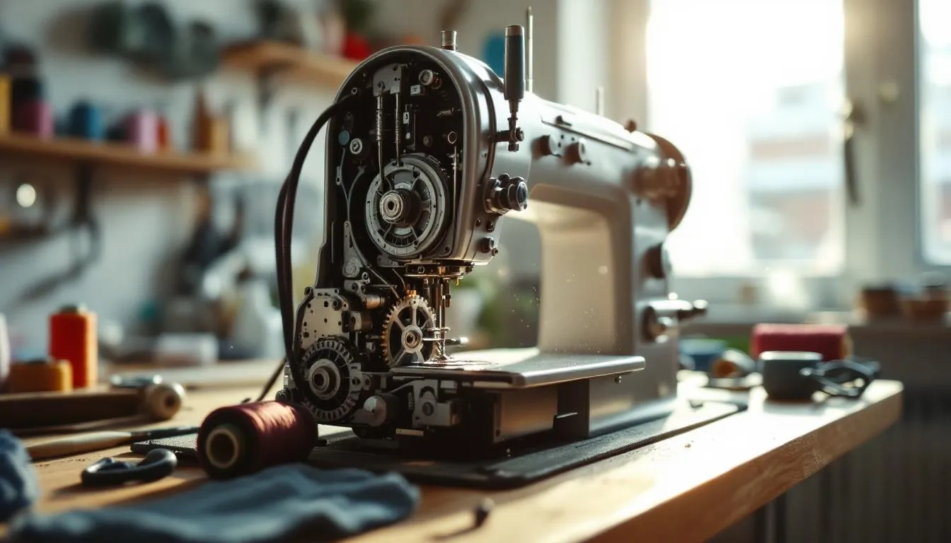 木製机上の精密なミシンと裁縫道具
