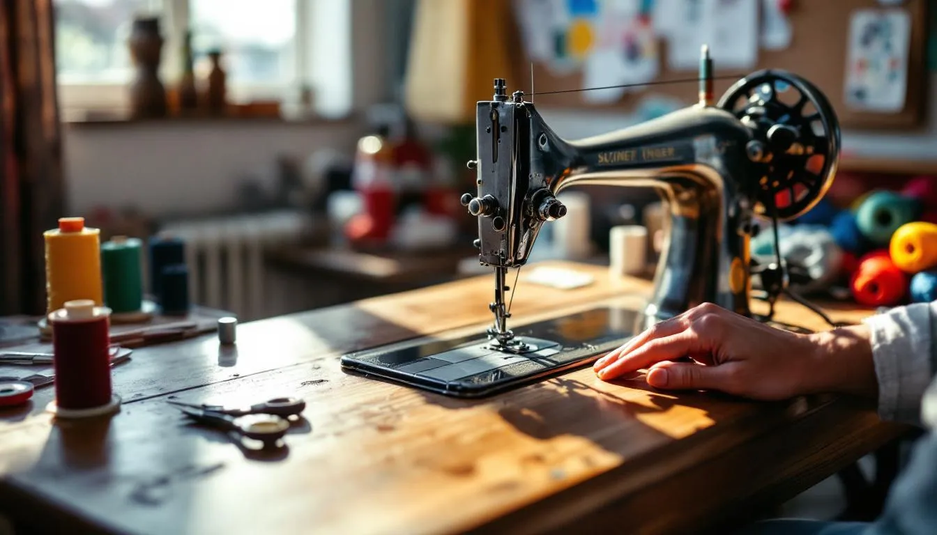 ヴィンテージミシンと手元の操作風景