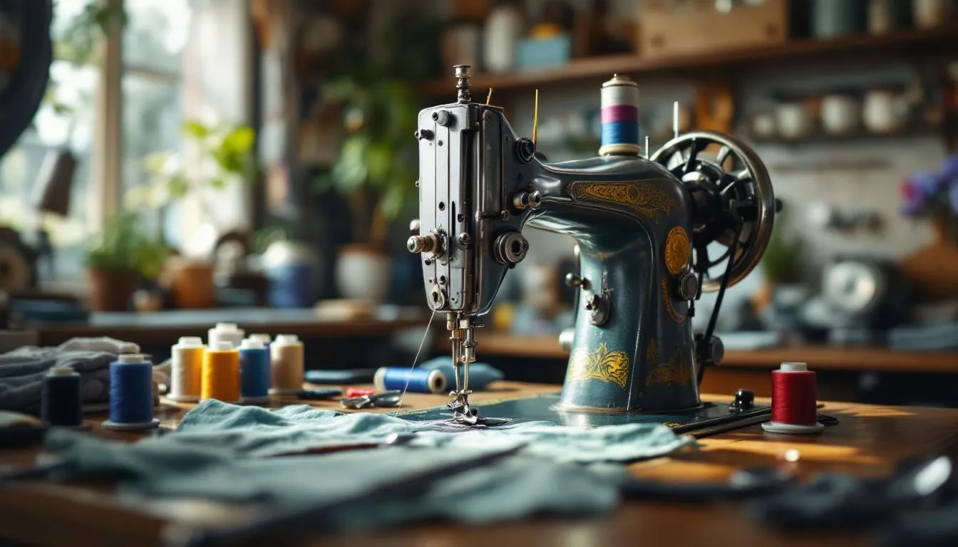 ヴィンテージミシンとカラフルな糸巻き