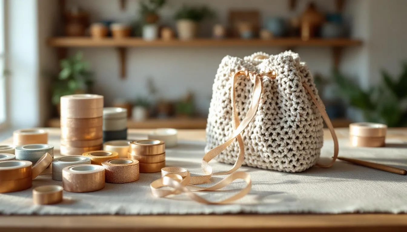 明るいアトリエで編むリボンバッグ