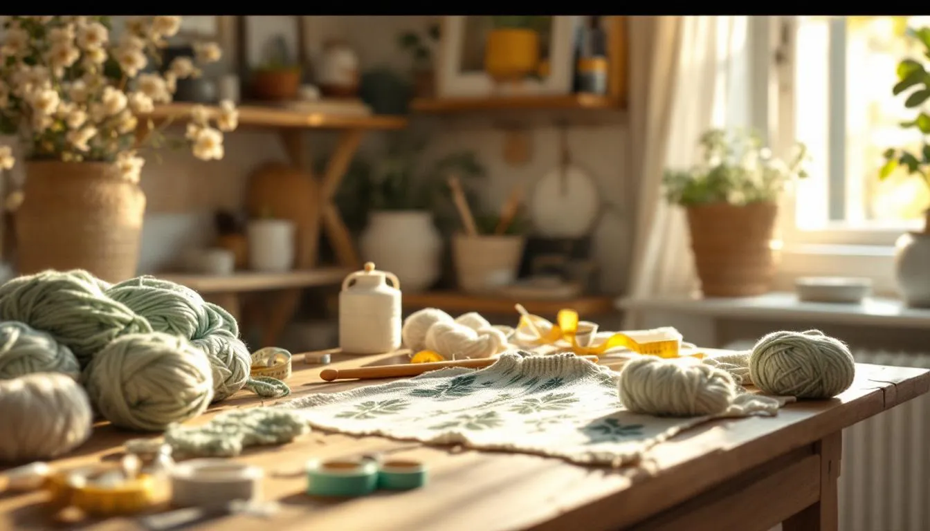 日差しが差し込む編み物部屋の作業台