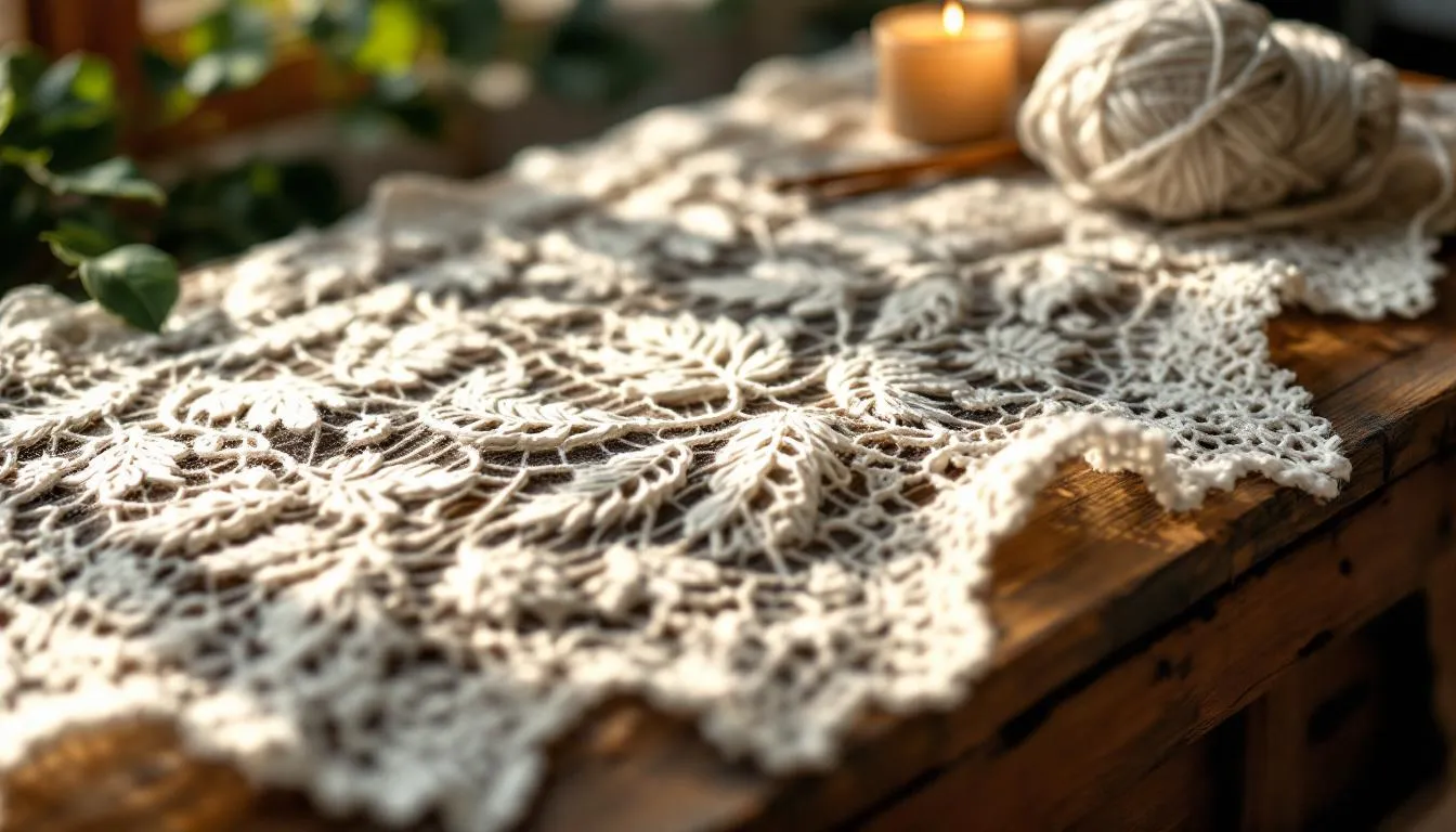 木製テーブルの上の手編みレースショール