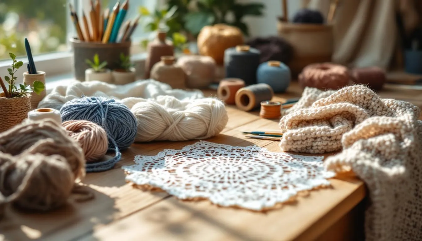 毛糸と編み針が並ぶ手芸スタジオ