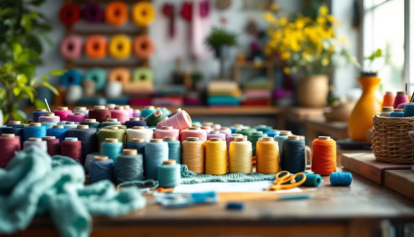 色とりどりの糸が並ぶ手芸スタジオの作業台