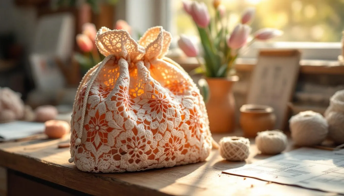 木製机の上の手作りクロッシェバッグ