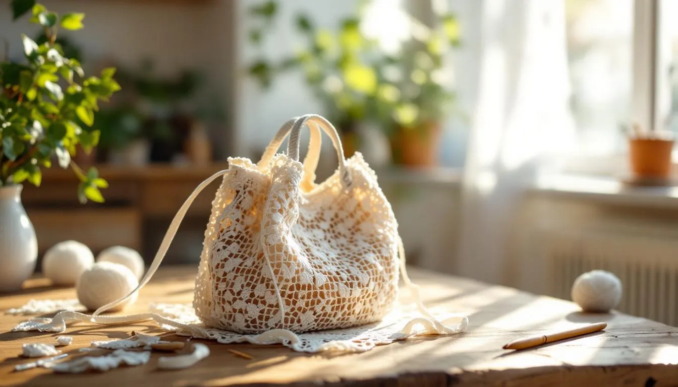 木製テーブルの上の繊細なレース編みバッグ
