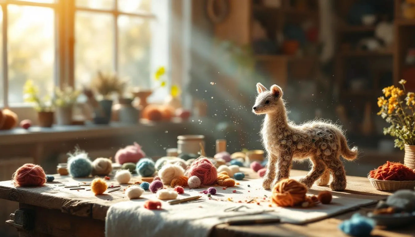 日差しが差し込む羊毛フェルトの制作風景