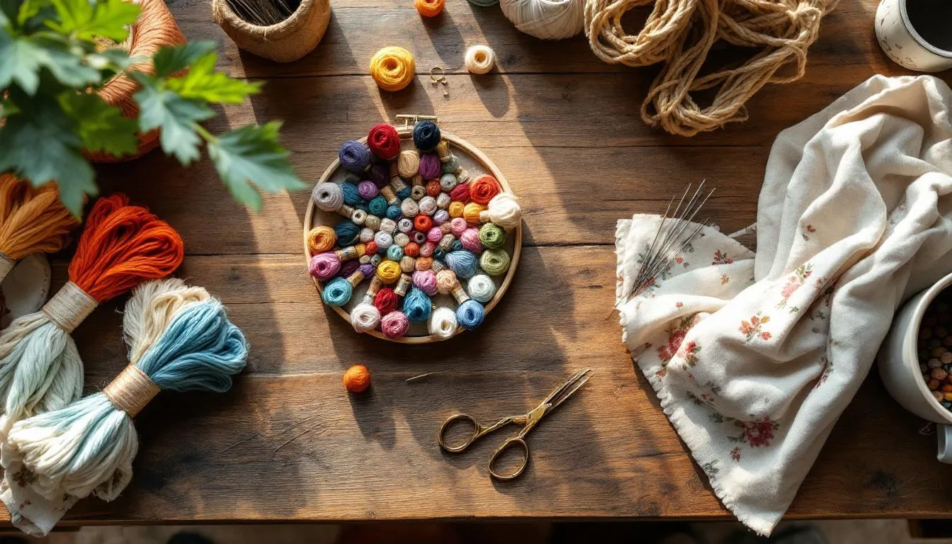 刺繍道具が並ぶ木製の作業台