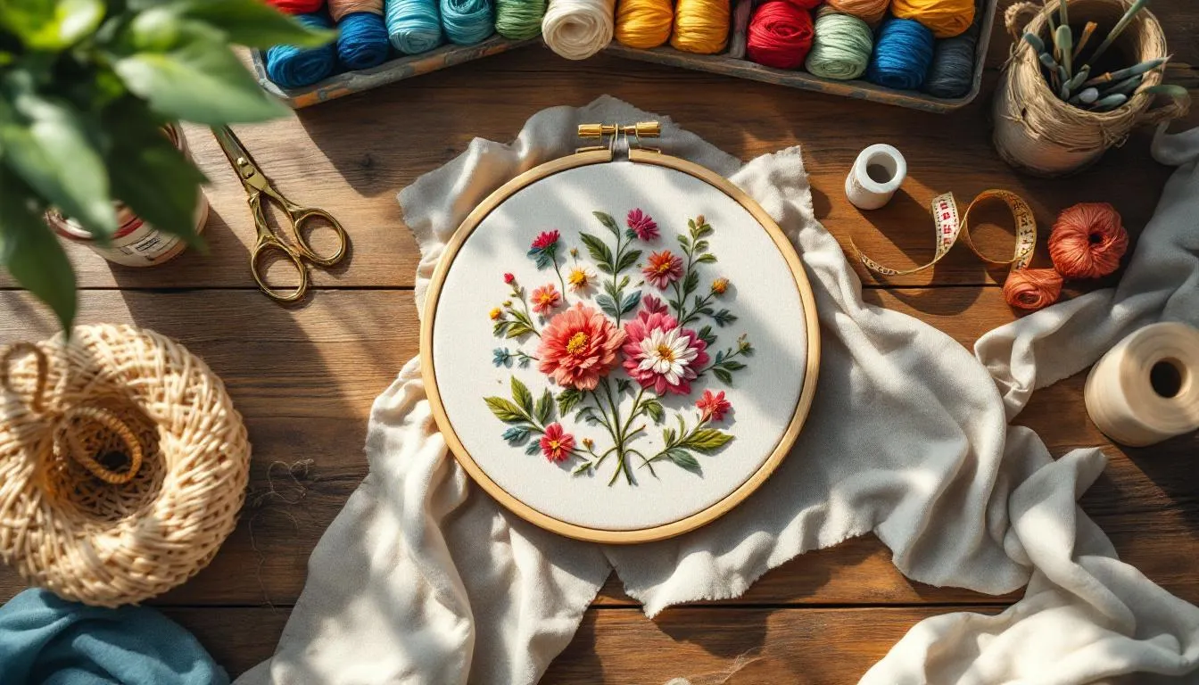 刺繍用品が並ぶ木製テーブルの作業風景