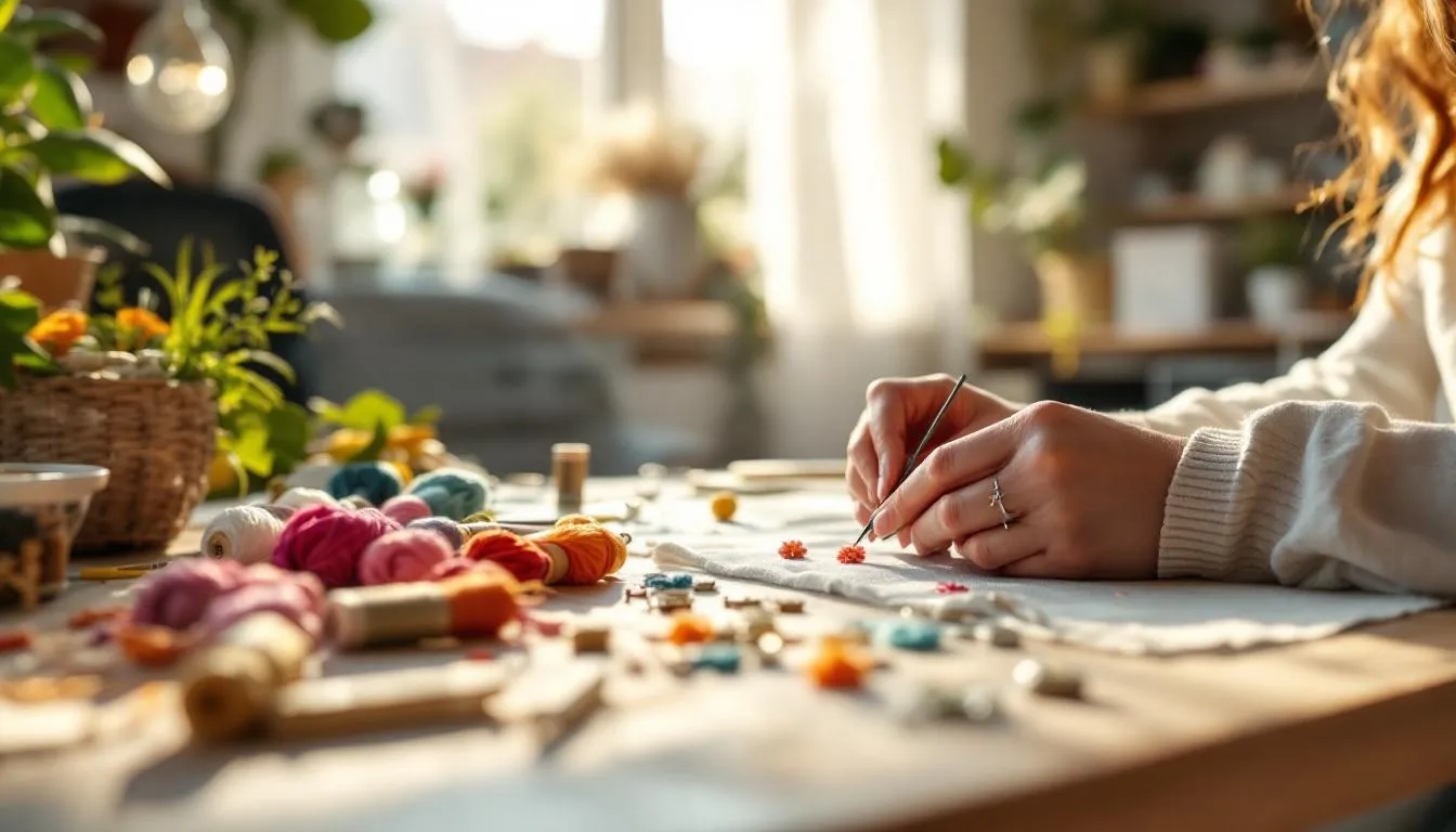 Artesana creando pendientes florales con detalle
