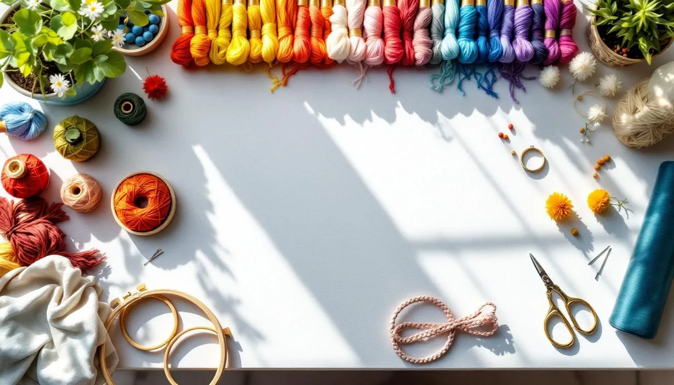 色鮮やかな刺繍道具が並ぶ作業台
