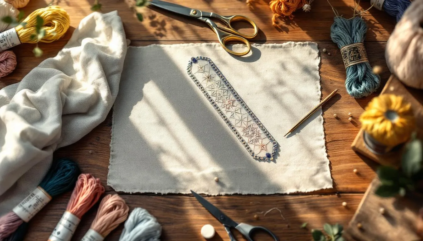 刺繍道具が並ぶ木製の作業台