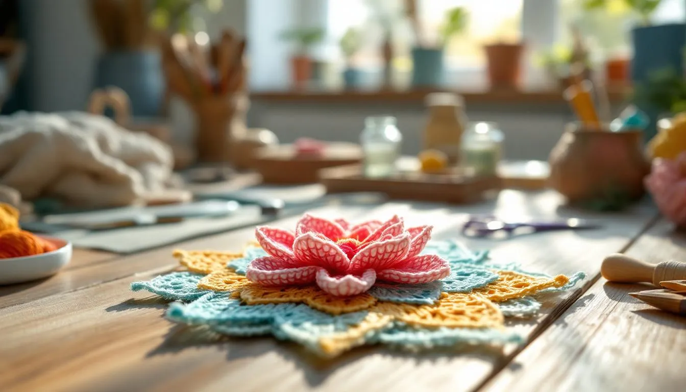 木製テーブルに置かれた手編みの花