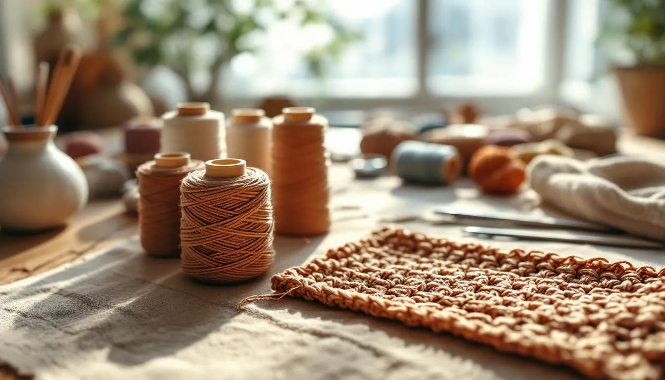 木製テーブルの刺繍糸と編み針