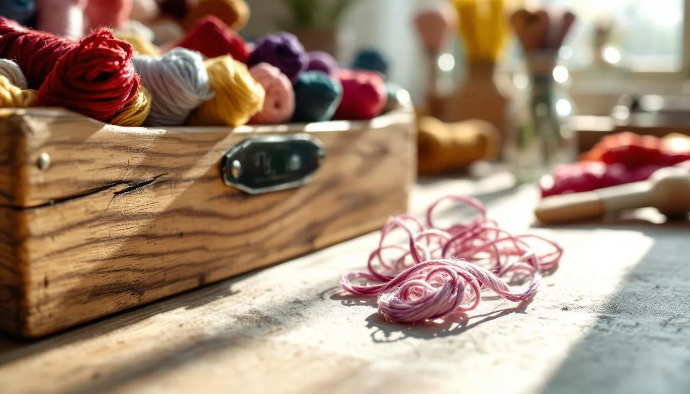 木製の机に並んだ刺繍糸と道具