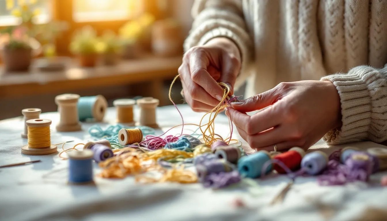 窓辺で刺繍糸を整える手元