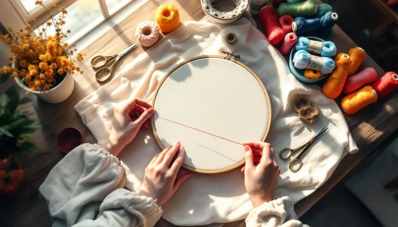 刺繍の準備をする手元と手芸用品