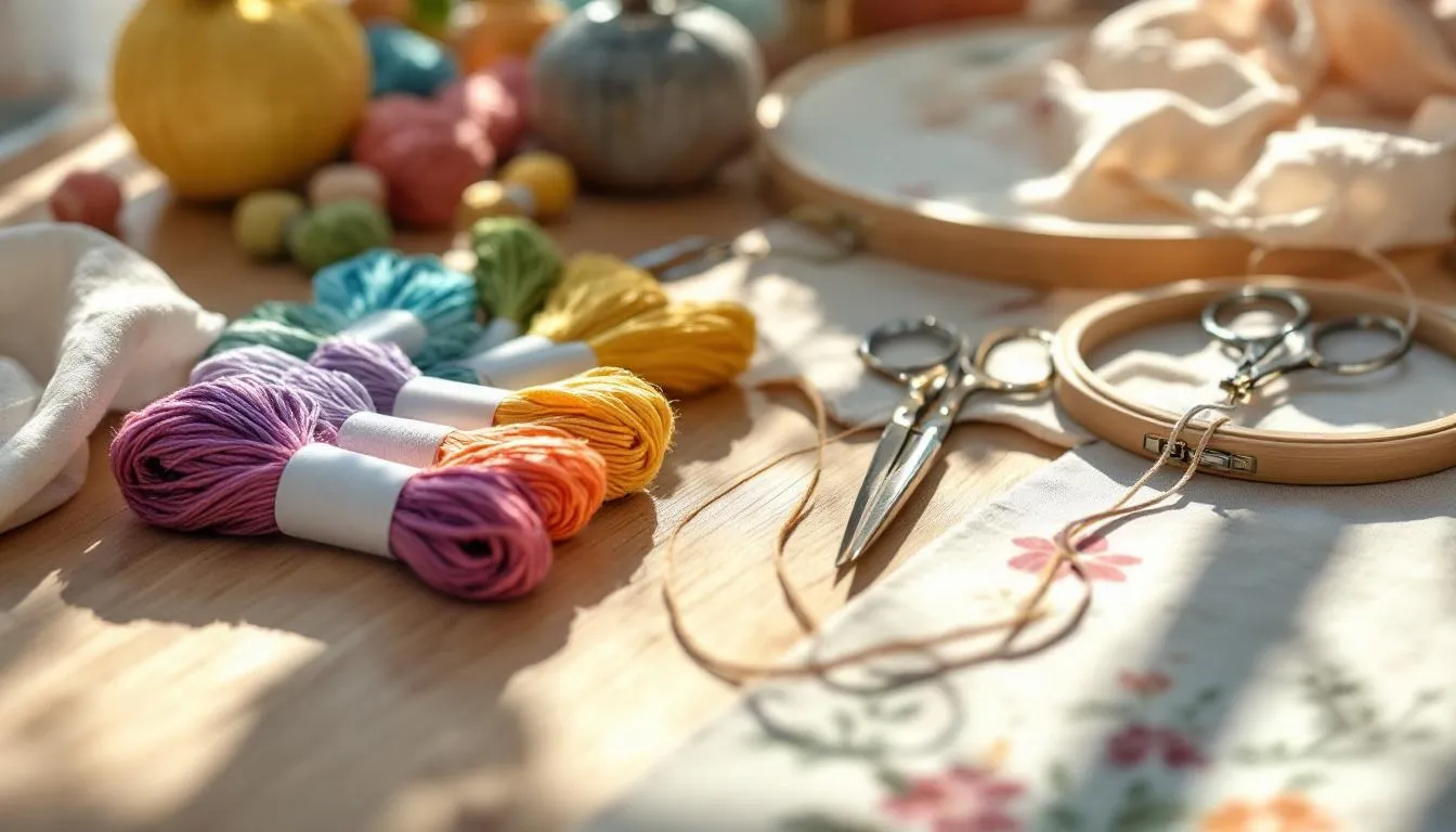 刺繍道具が並ぶ明るい作業机