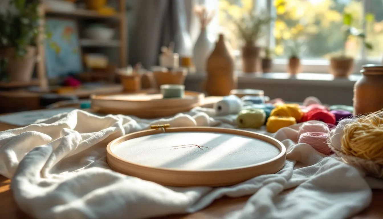 刺繍の制作風景と色とりどりの刺繍糸