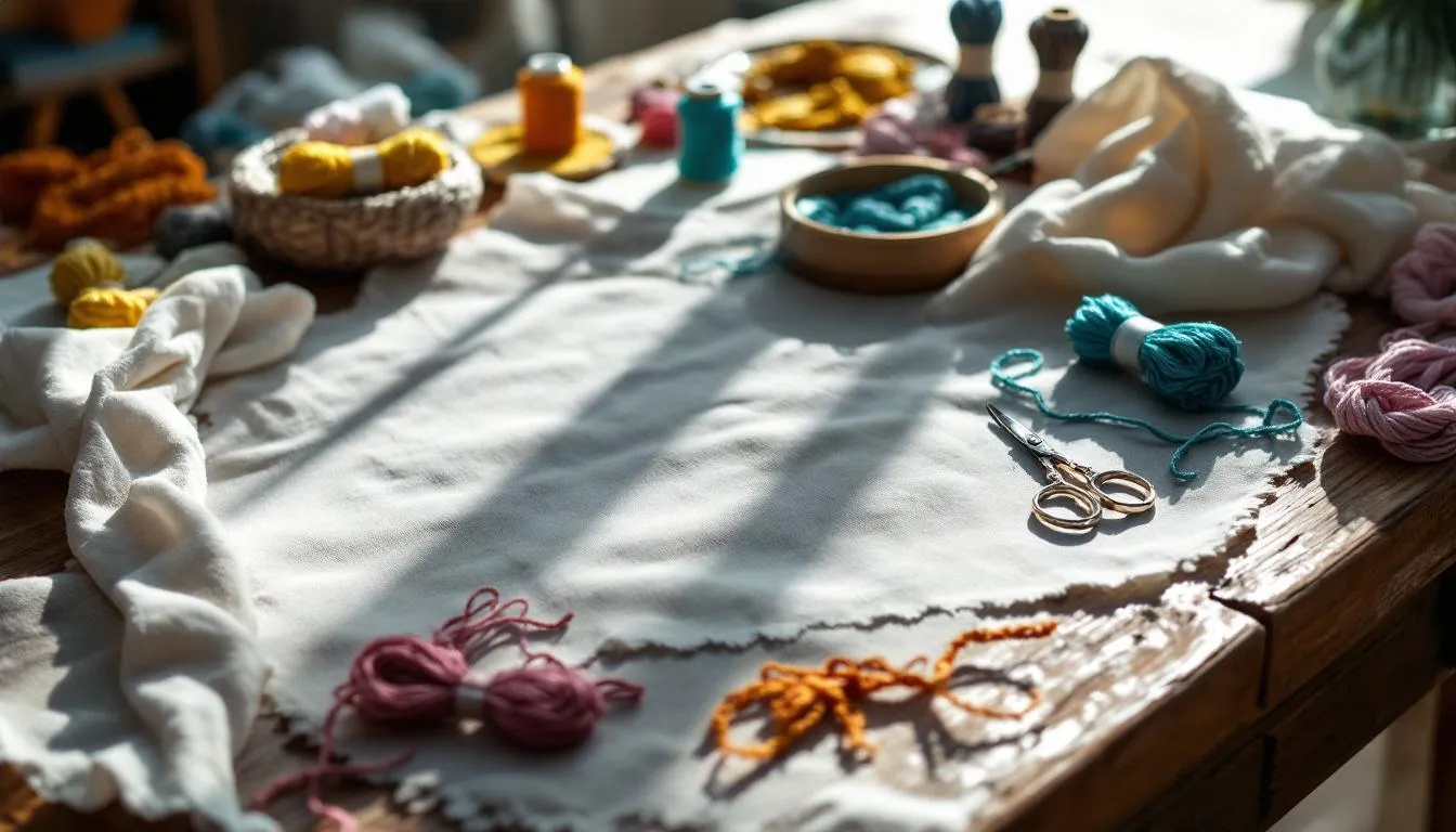 刺繍道具が並ぶ職人の作業机