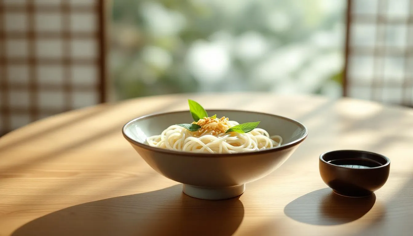 陶器の器に盛られた繊細な南関そうめん