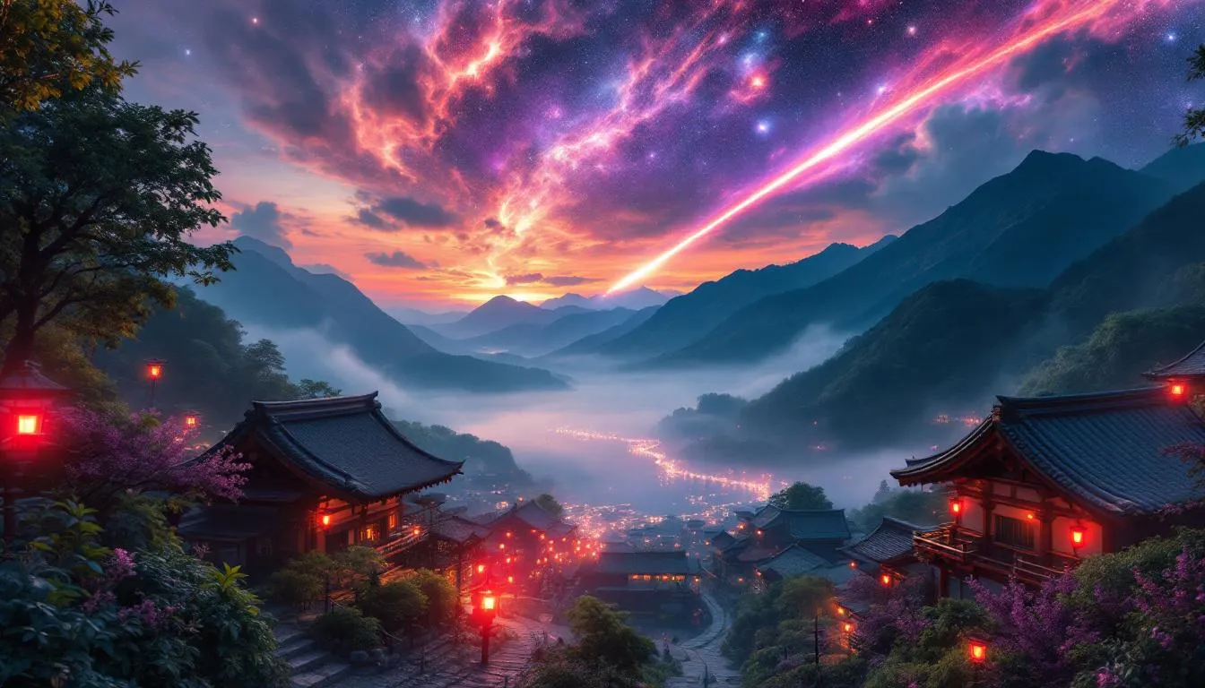 彗星が流れる日本の田舎の幻想的な風景