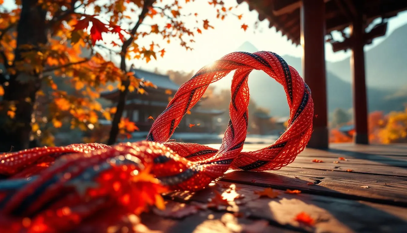 神社に置かれた組紐と紅葉の風景