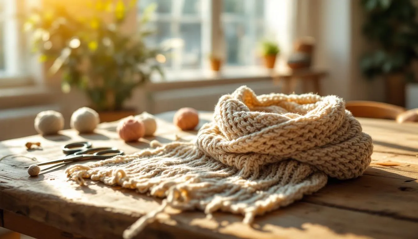 木製テーブルの上の手編みのマフラー