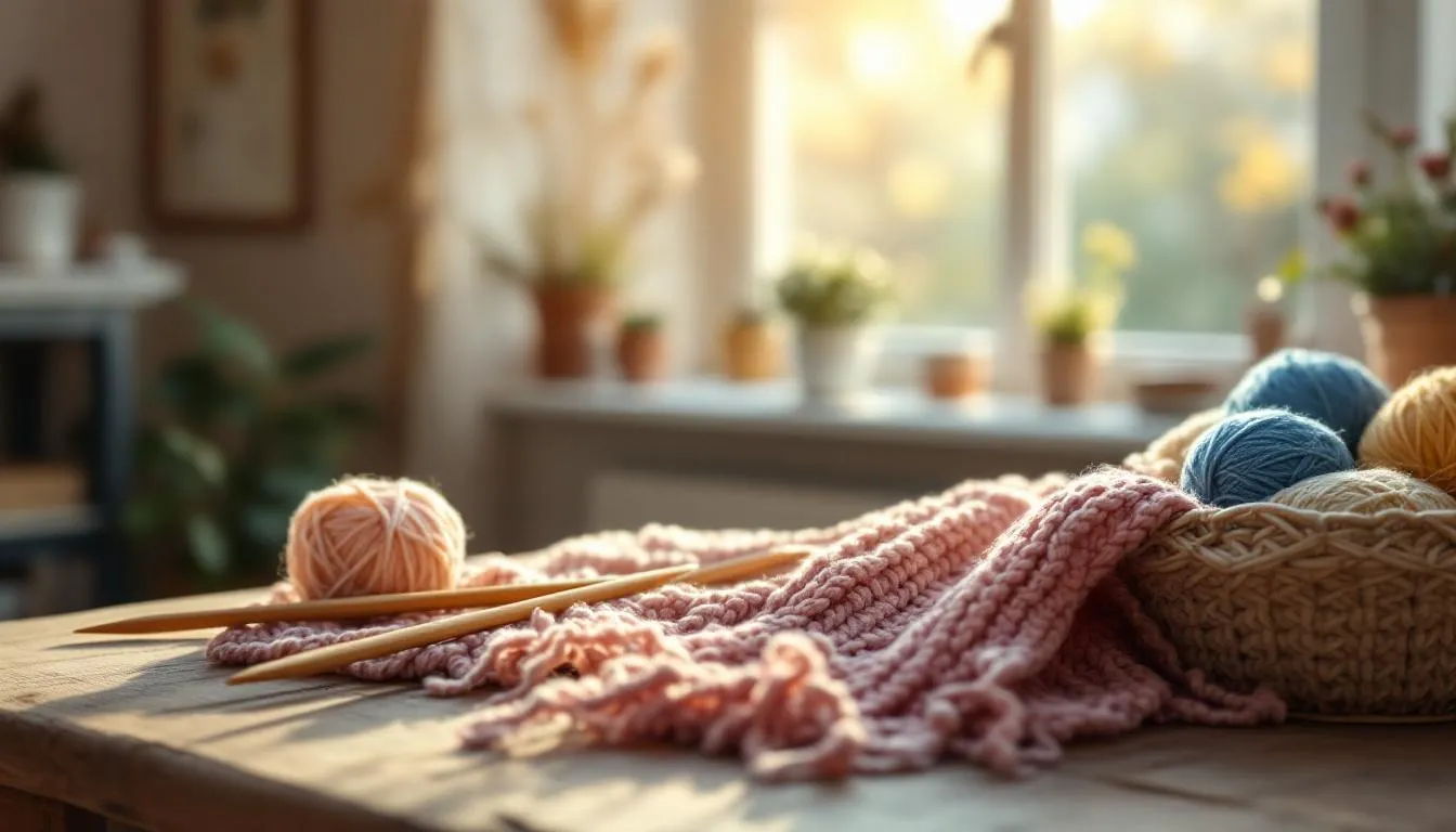 木製テーブルの上の温かそうな編み物道具