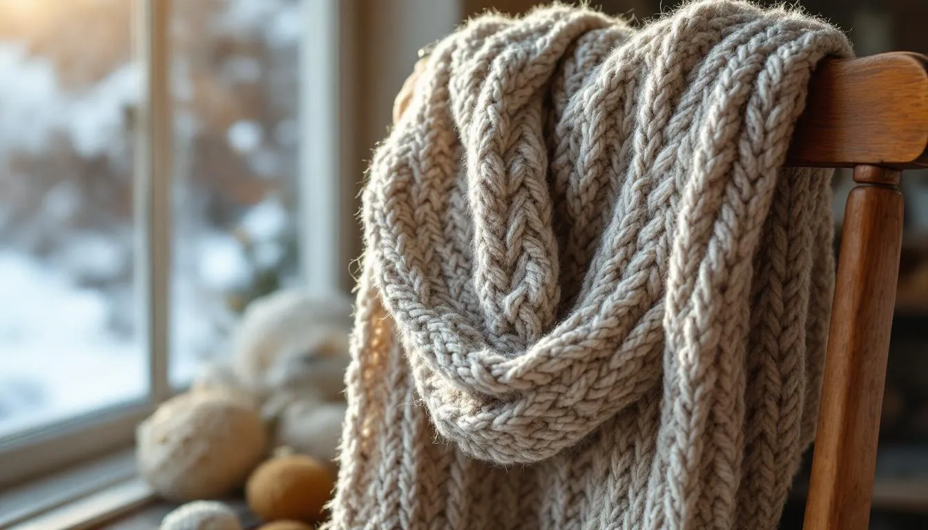 木製椅子に掛けられた手編みのニットネックウォーマー