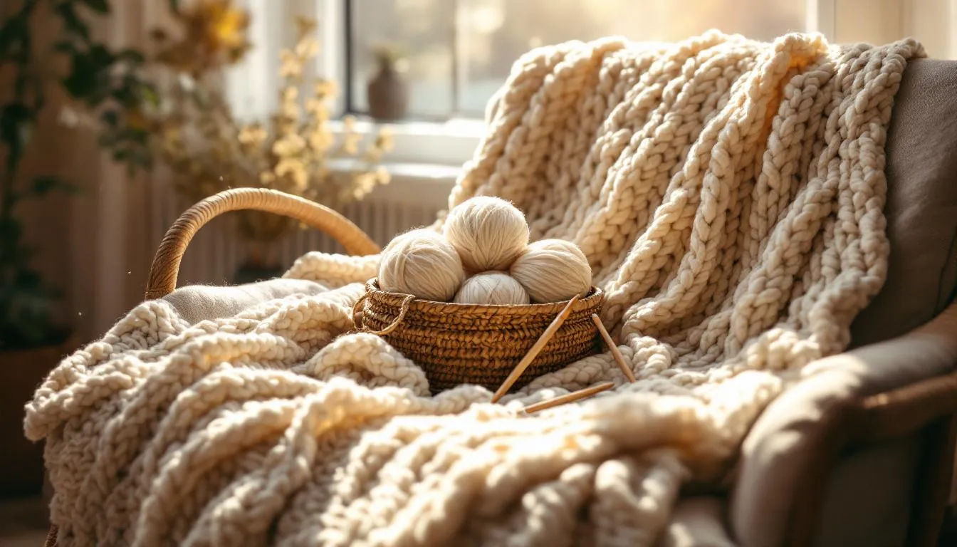 日差しが差し込む編み物のあるリビング