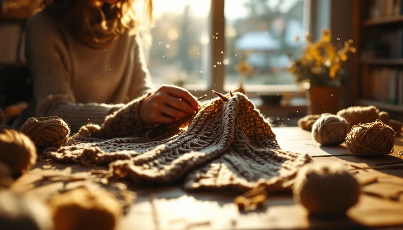 木漏れ日の差し込む部屋で編み物をする手元