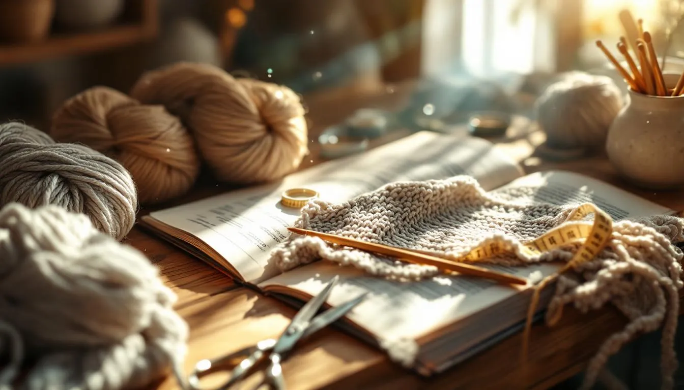 日差しが差し込む編み物中の作業机