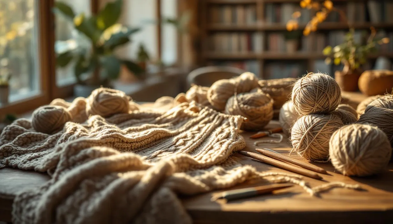 日差しが差し込む編み物中の作業机