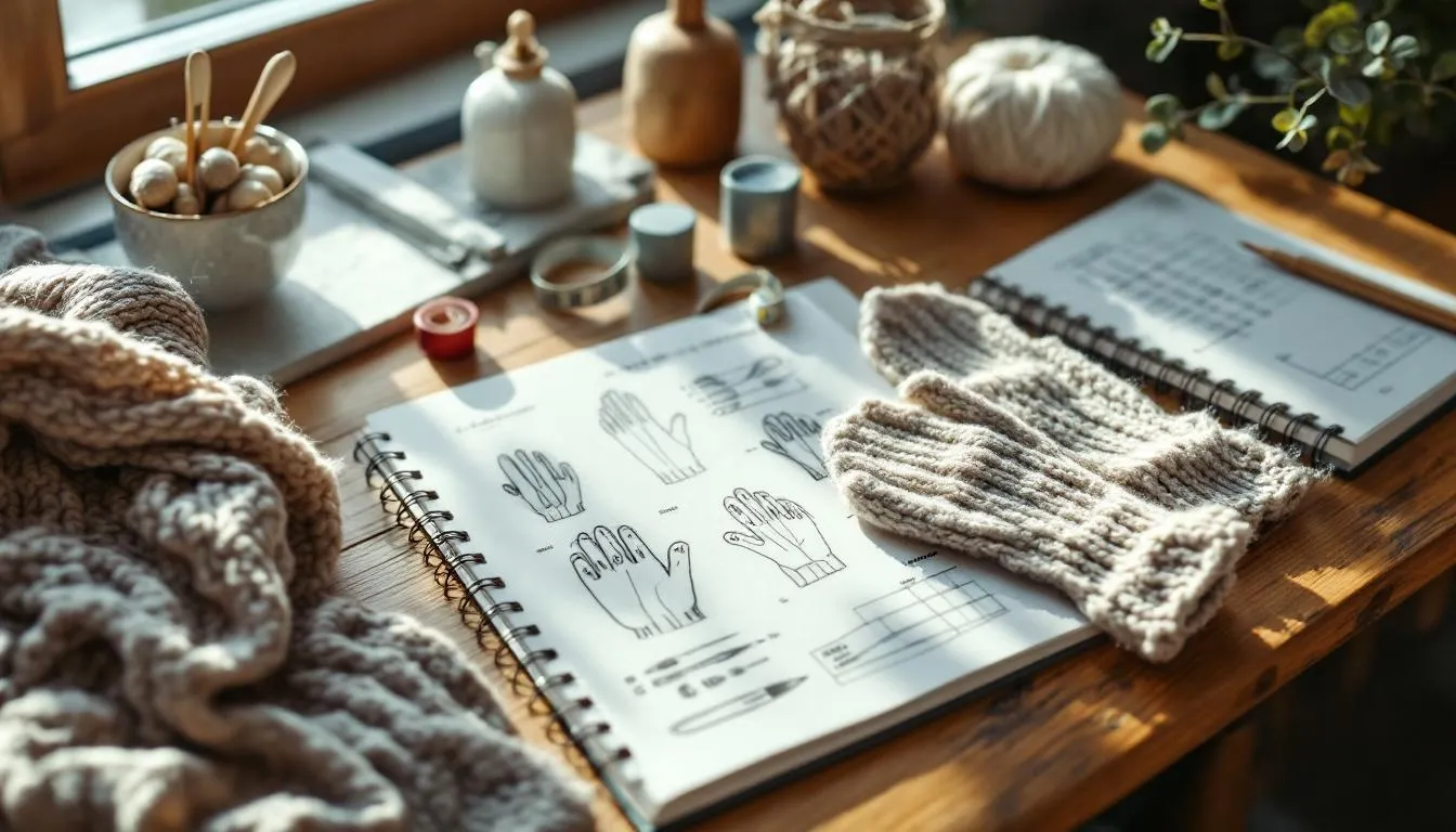 木製テーブルの上の手編みの手袋と道具