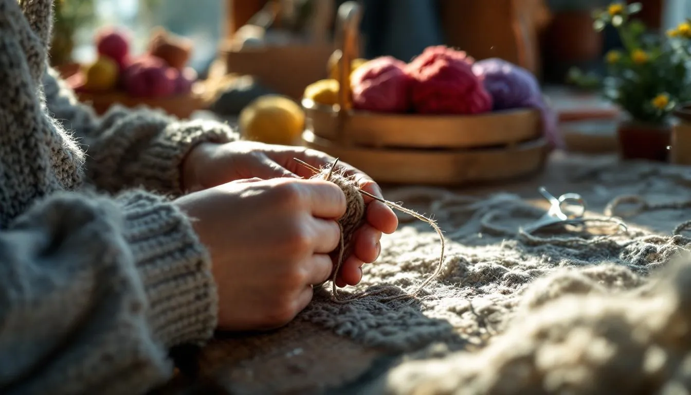 毛糸を編む手元のクローズアップ